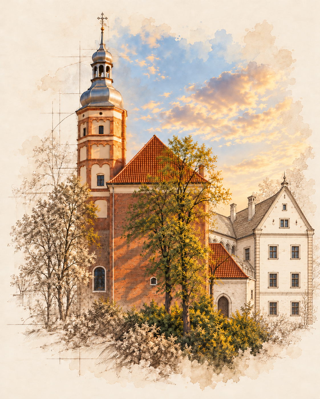 Artystyczna wizualizacja kościoła św. Anny z dorysowanym skrzydłem dawnego zamku